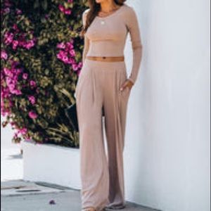 VICI Hermosa Ribbed Long Sleeve Crop Top & Pants - Mocha - comes as set